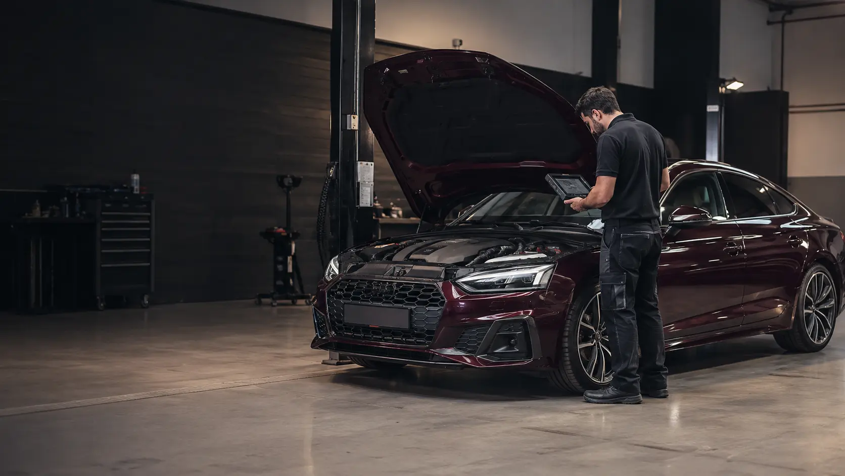 Audi A5 Sportback undergoing diagnostic inspection in an independent Dubai workshop