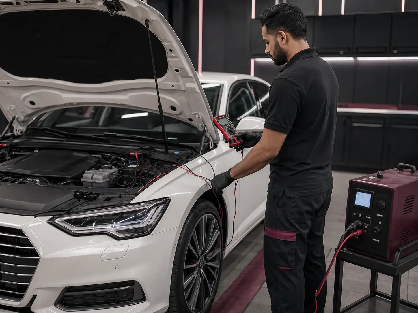 Technician testing electrical supply systems on a white Audi A6