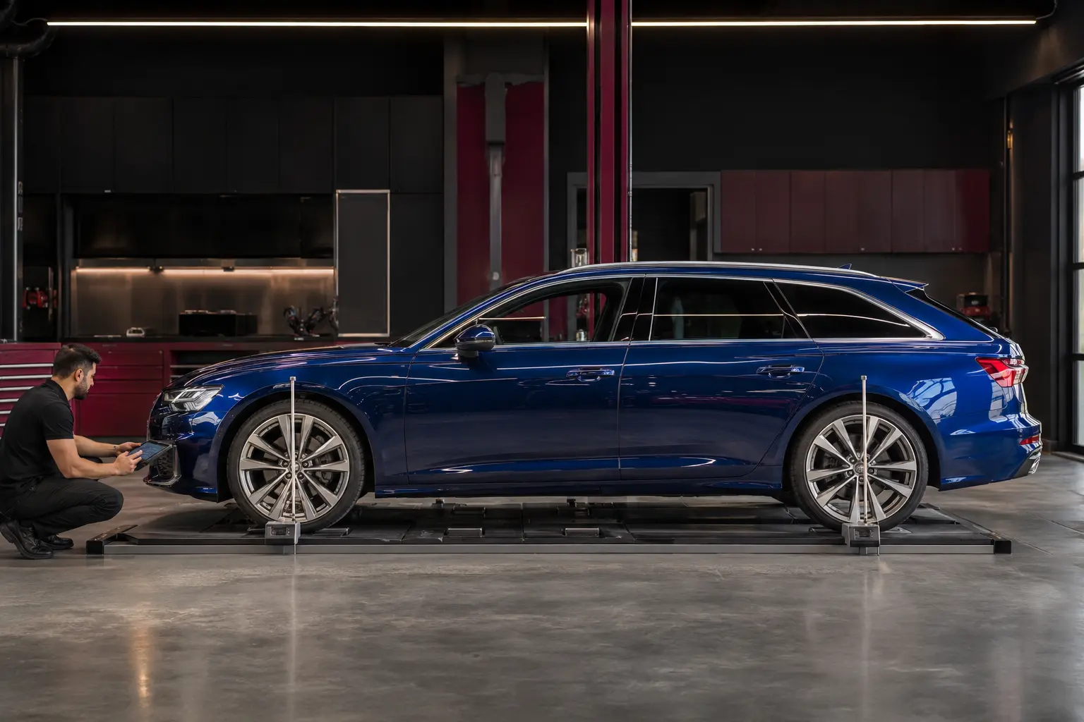 Blue Audi A6 Avant undergoing four-corner ride-height measurement