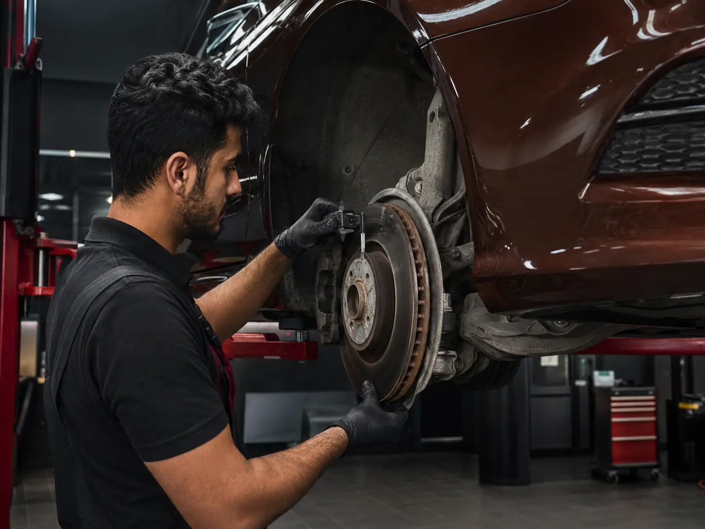 Technician measuring the brake disc on a bronze Audi A6