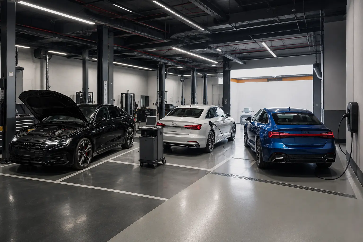 Black combustion, white plug-in hybrid and blue electric Audi A6 vehicles in a workshop