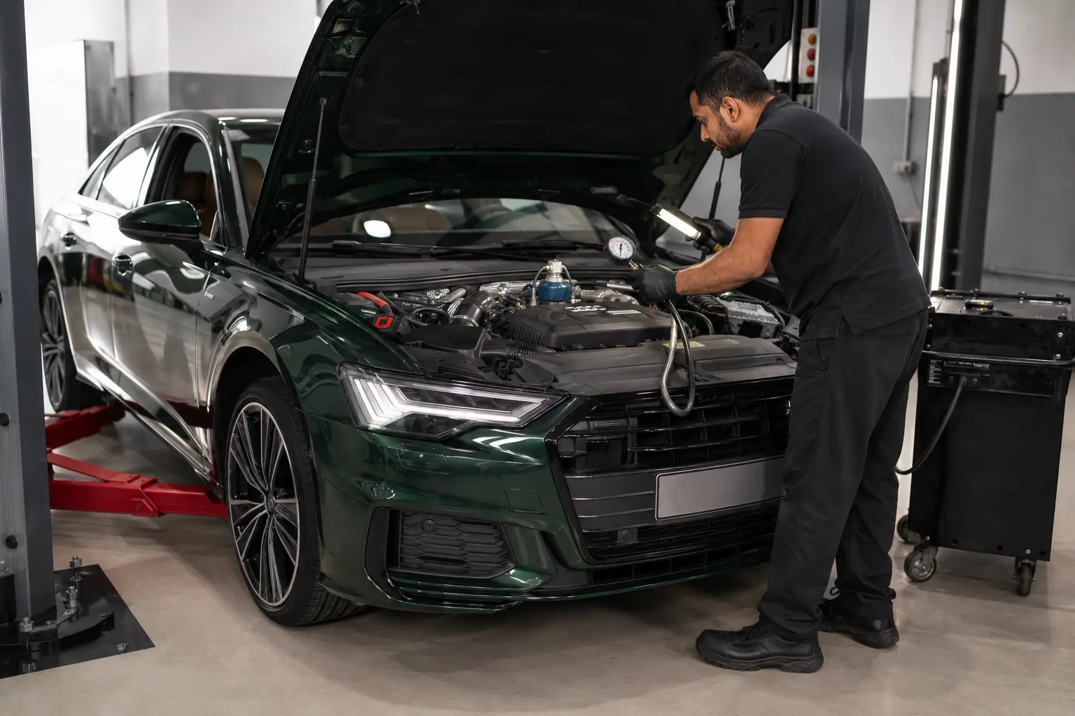 Technician carrying out a cooling-system pressure test on a green Audi A6