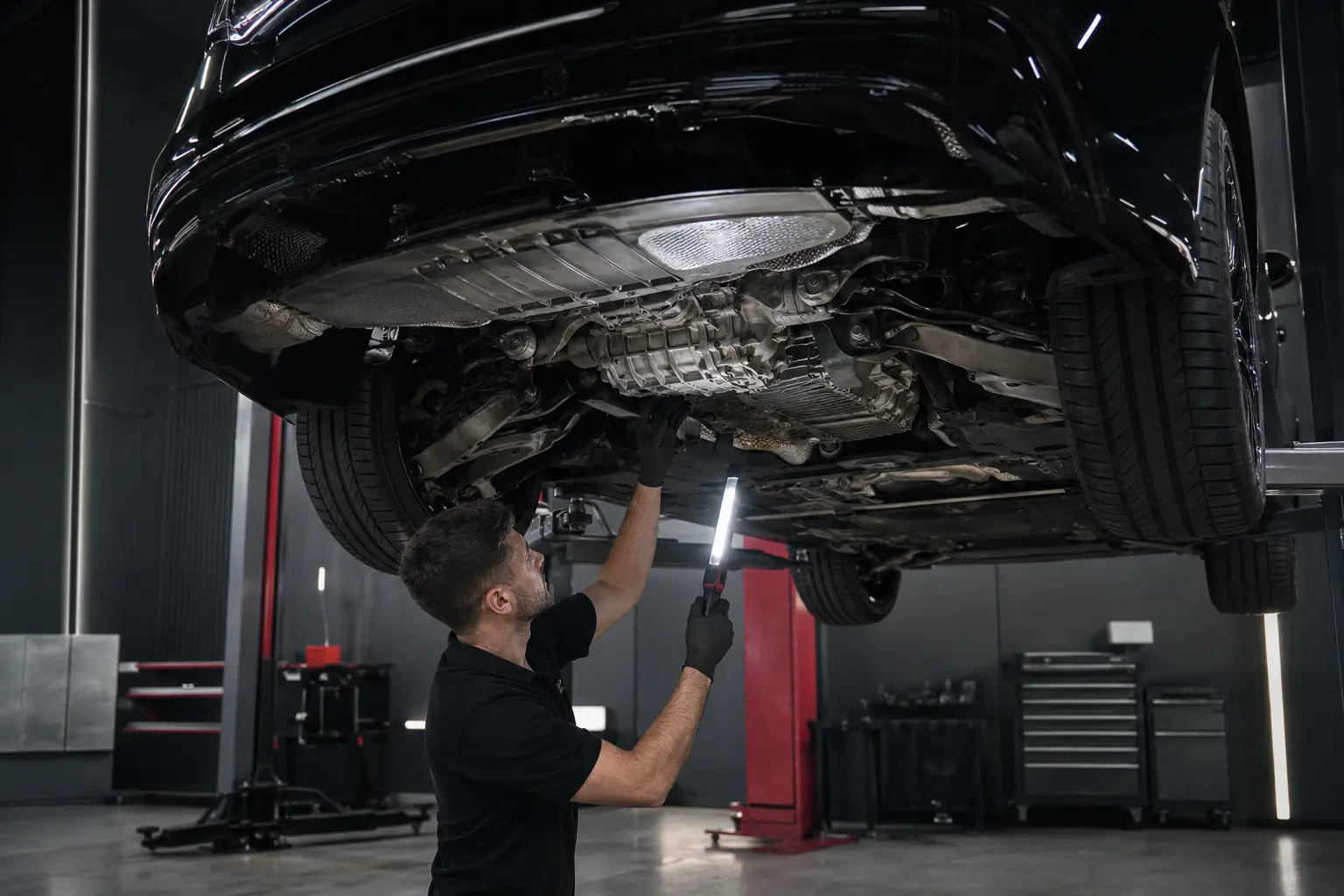 Technician inspecting the gearbox and quattro underbody of a black Audi A6