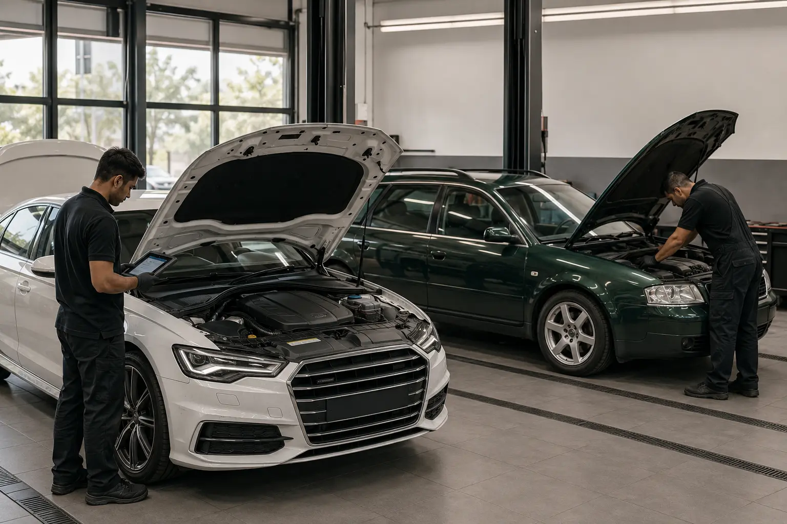 White Audi A6 Sedan and green Audi A6 Avant being identified in workshop bays