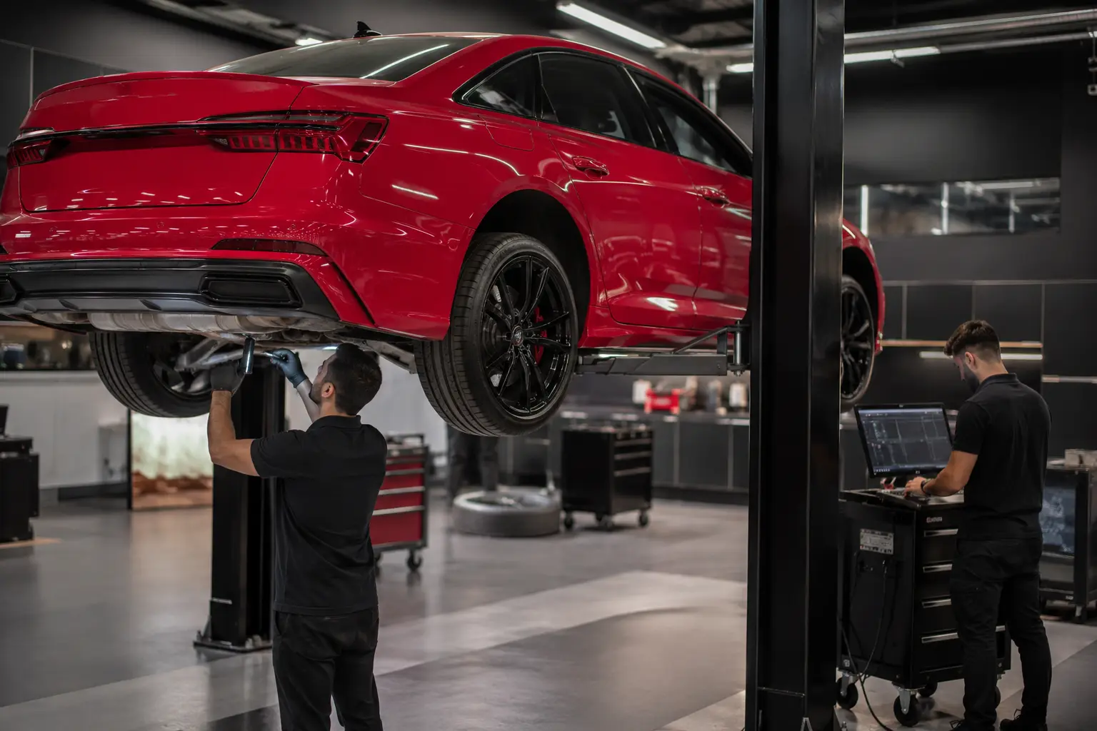 Red Audi A6 receiving underbody and scan checks before purchase
