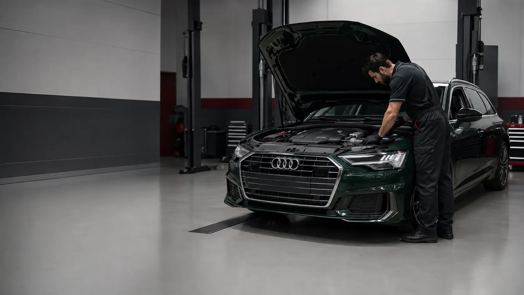 Deep green Audi A6 Avant receiving engine-bay diagnosis in an independent workshop