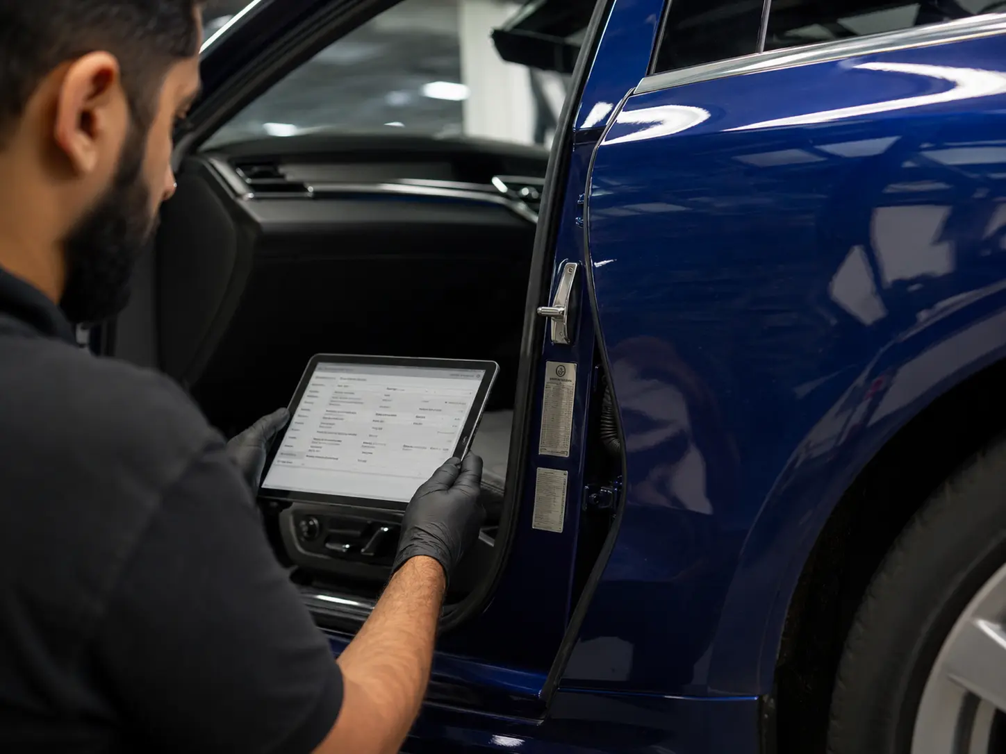 Technician checking VIN and equipment data on a metallic blue Audi A6