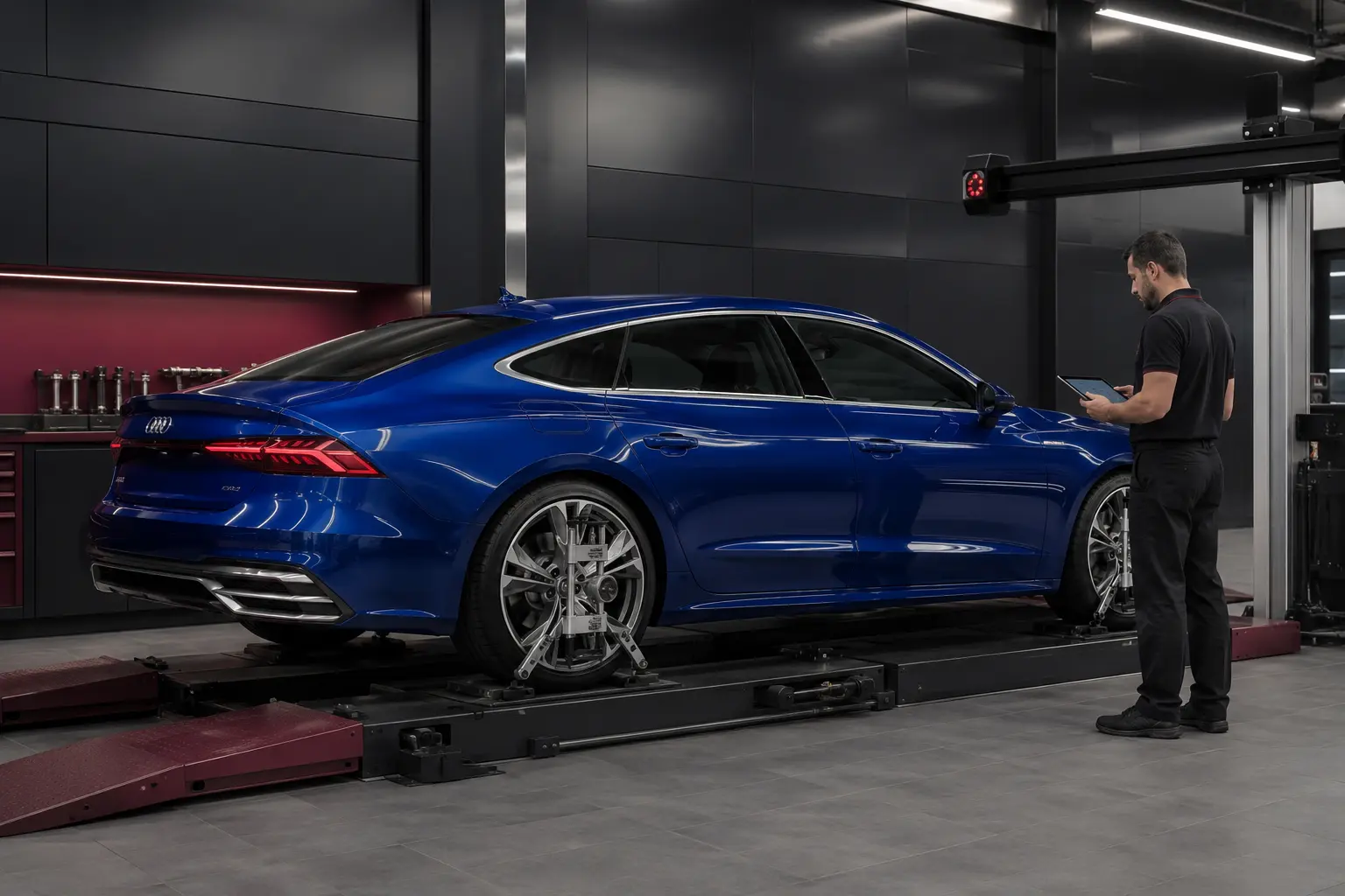 Blue Audi A7 Sportback undergoing suspension ride-height and alignment checks