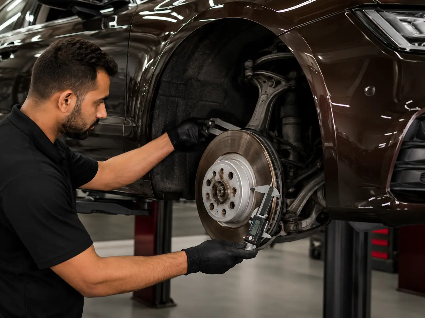 Technician measuring a brake disc on a bronze Audi A7 Sportback