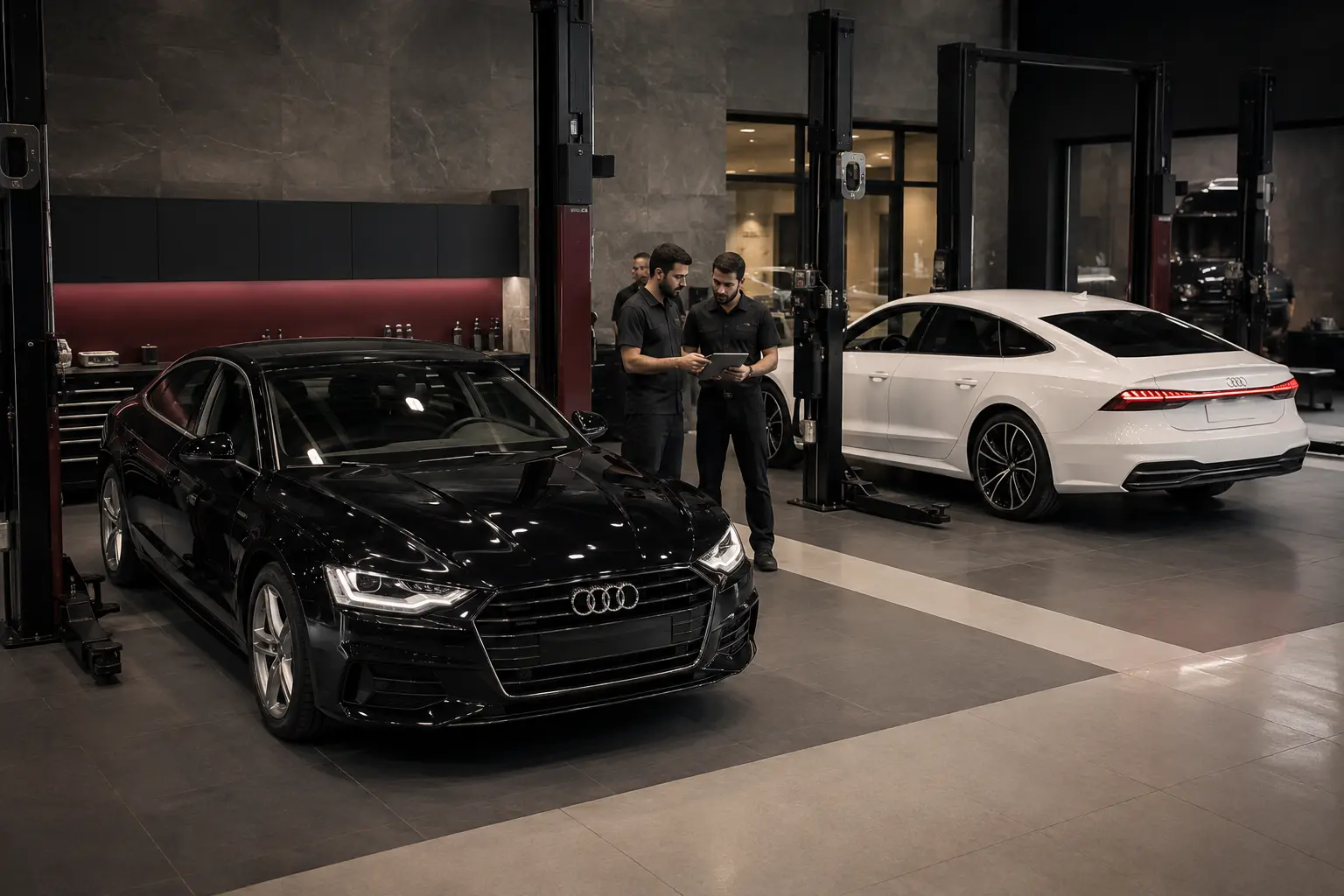 Black first-generation and white second-generation Audi A7 Sportback vehicles in workshop bays