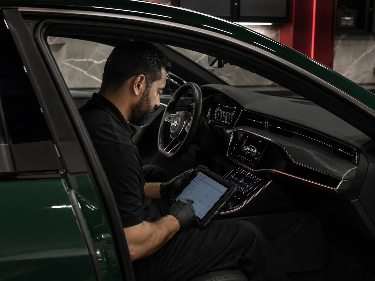 Technician diagnosing the MMI displays inside a green Audi A7 Sportback