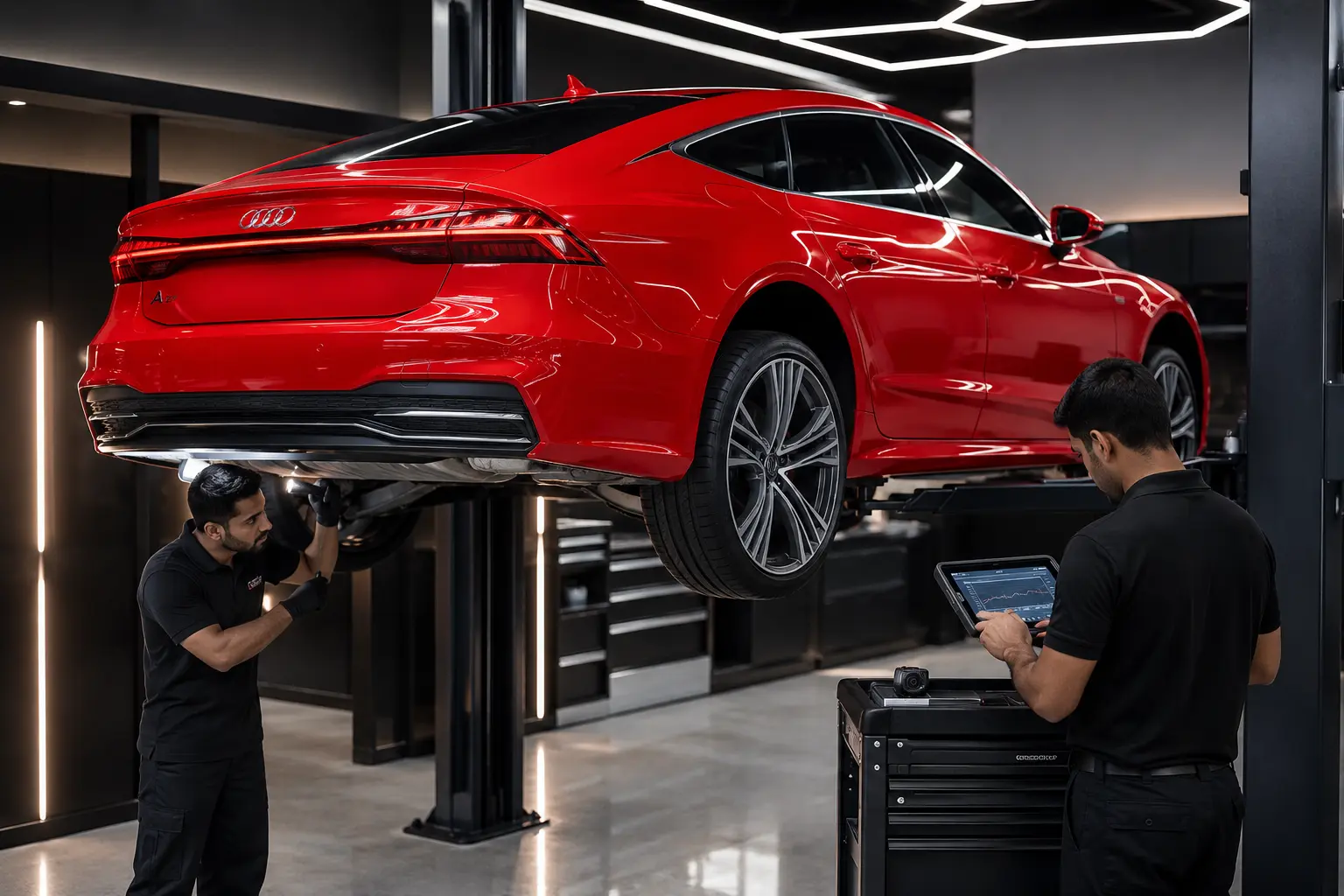 Red Audi A7 Sportback receiving underbody inspection and diagnostic checks