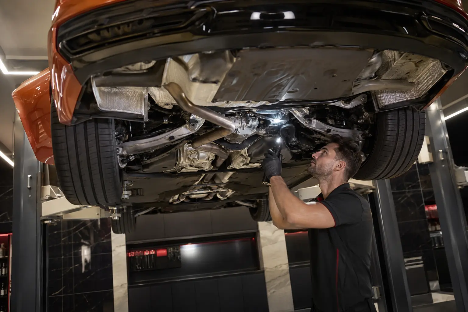 Technician inspecting the gearbox and quattro underbody of an orange Audi A7