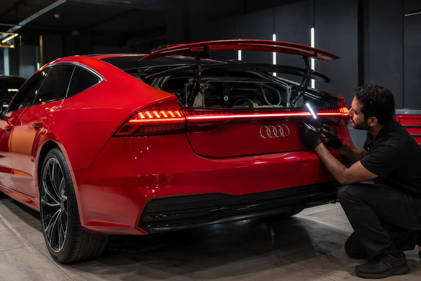 Technician inspecting the powered hatch and active spoiler of a red Audi A7 Sportback