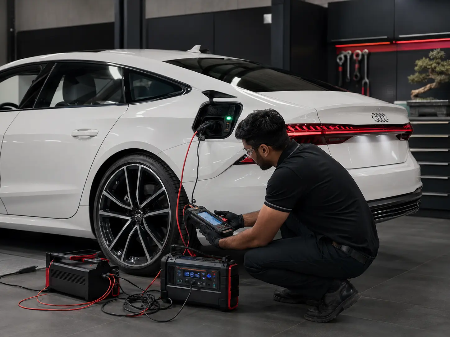 Technician checking charging and electrical systems on a white Audi A7 TFSI e
