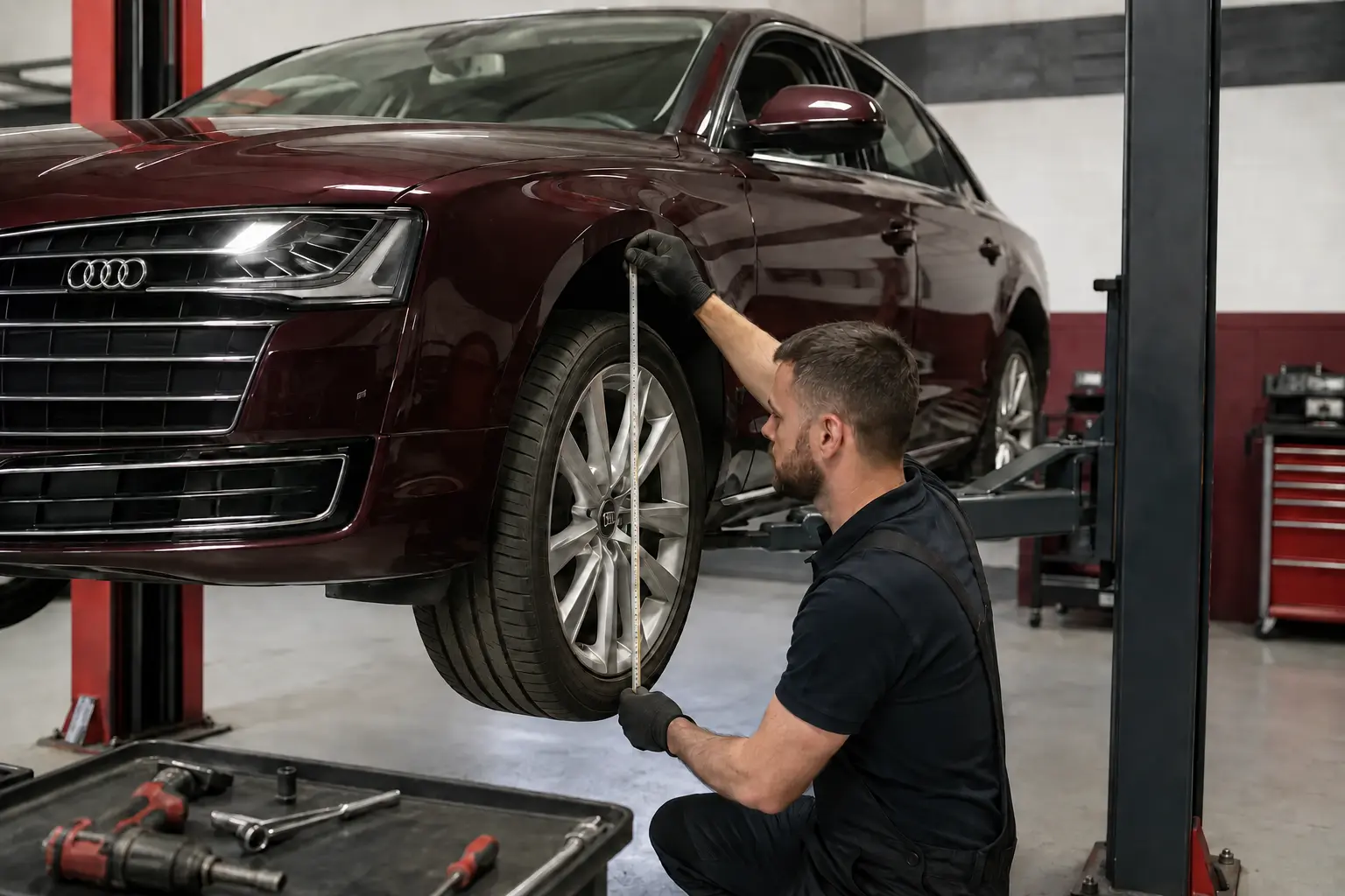 Technician measuring ride height on a burgundy Audi A8 during air suspension diagnosis