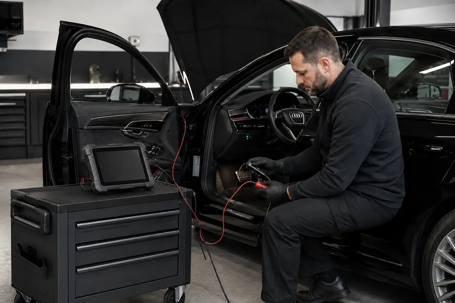 Technician carrying out electrical testing on a black Audi A8