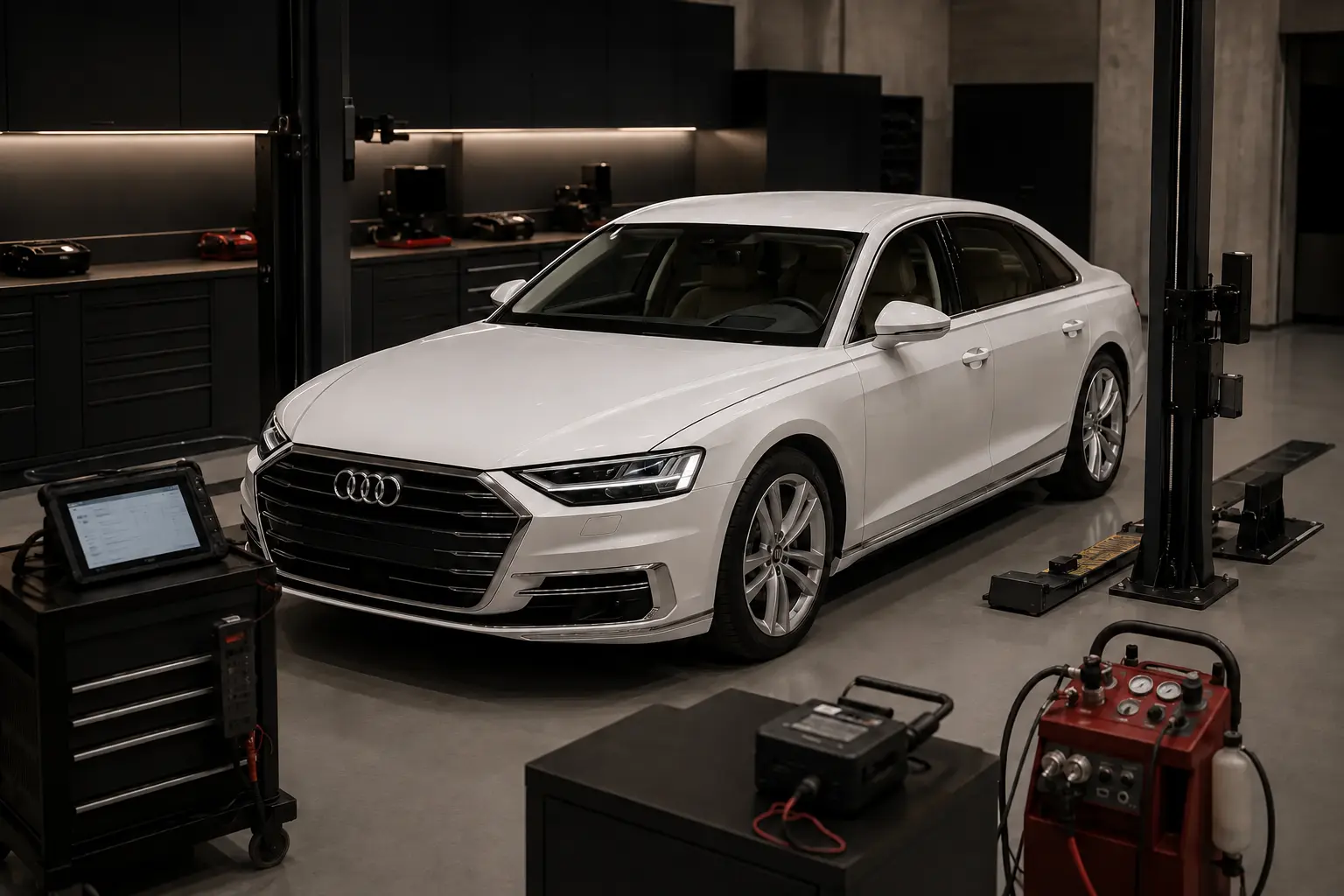 Pearl white Audi A8 with four-ring emblem positioned for multi-system workshop inspection