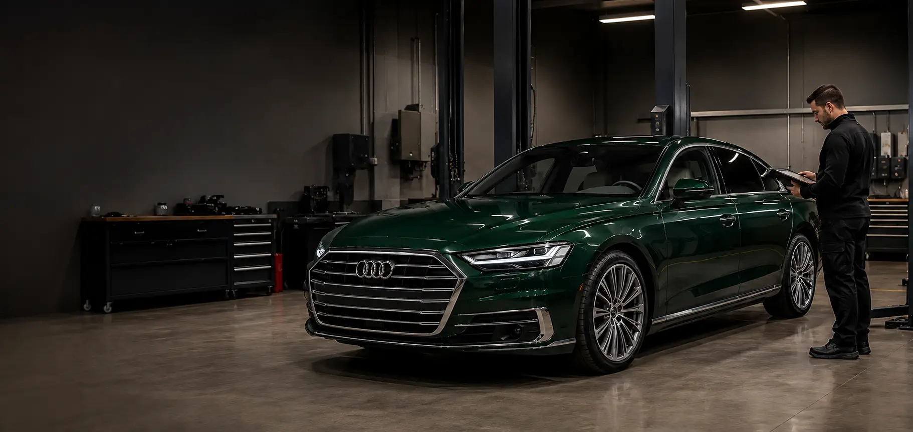 Deep green Audi A8 with four-ring emblem in a Dubai specialist workshop before diagnostic testing