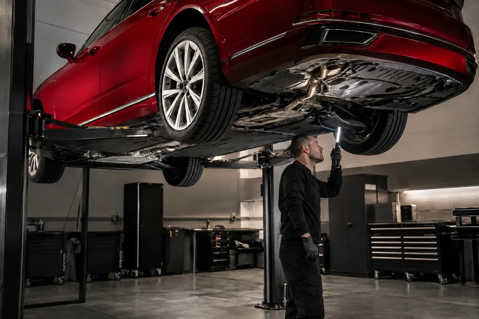 Metallic red Audi A8 raised for an underbody and driveline inspection