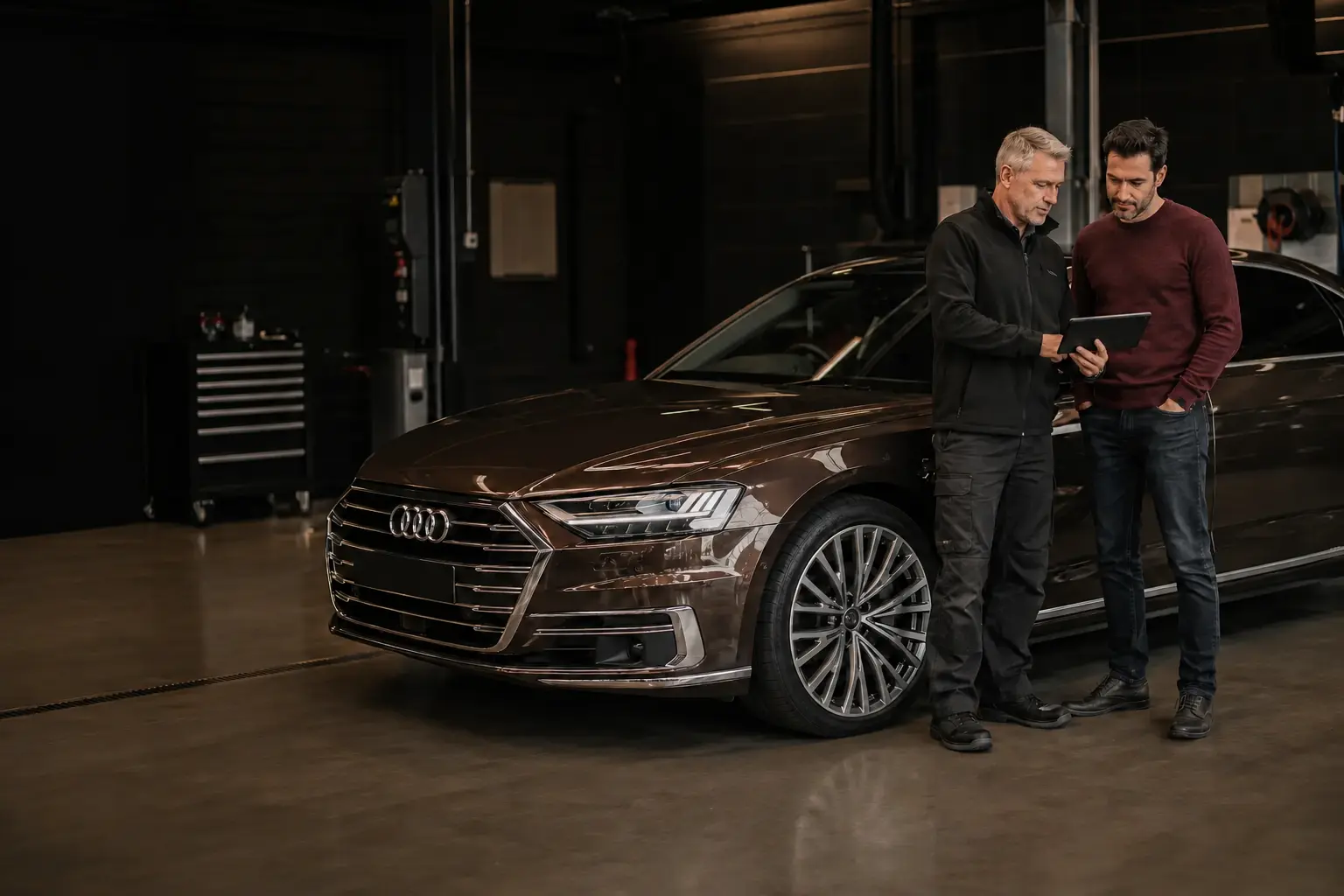 Audi A8 owner reviewing workshop findings beside a brown Audi A8 with four-ring emblem