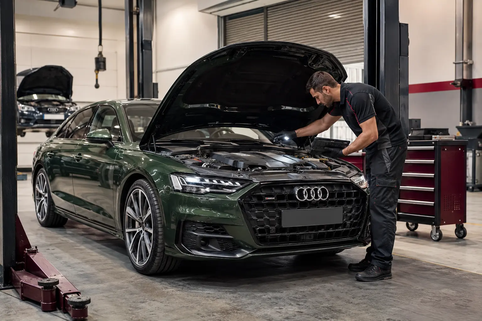 فني يفحص سيارة أودي خضراء داخل ورشة Audi Specialist Dubai