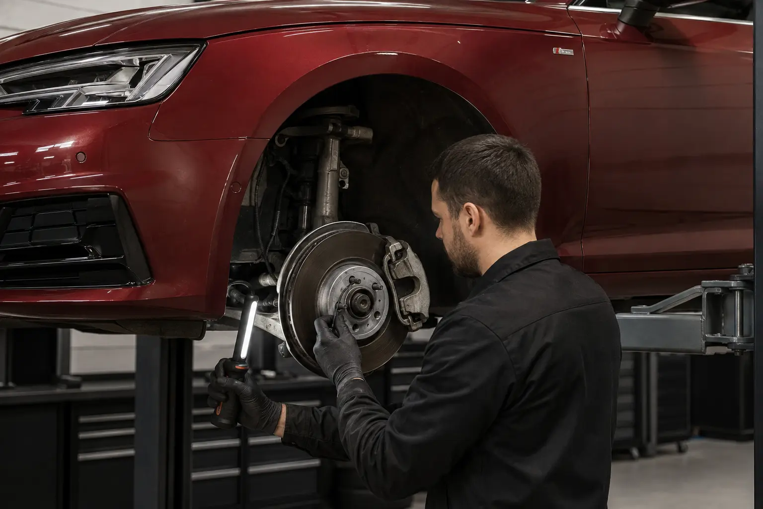 Audi wheel speed sensor and hub area being inspected