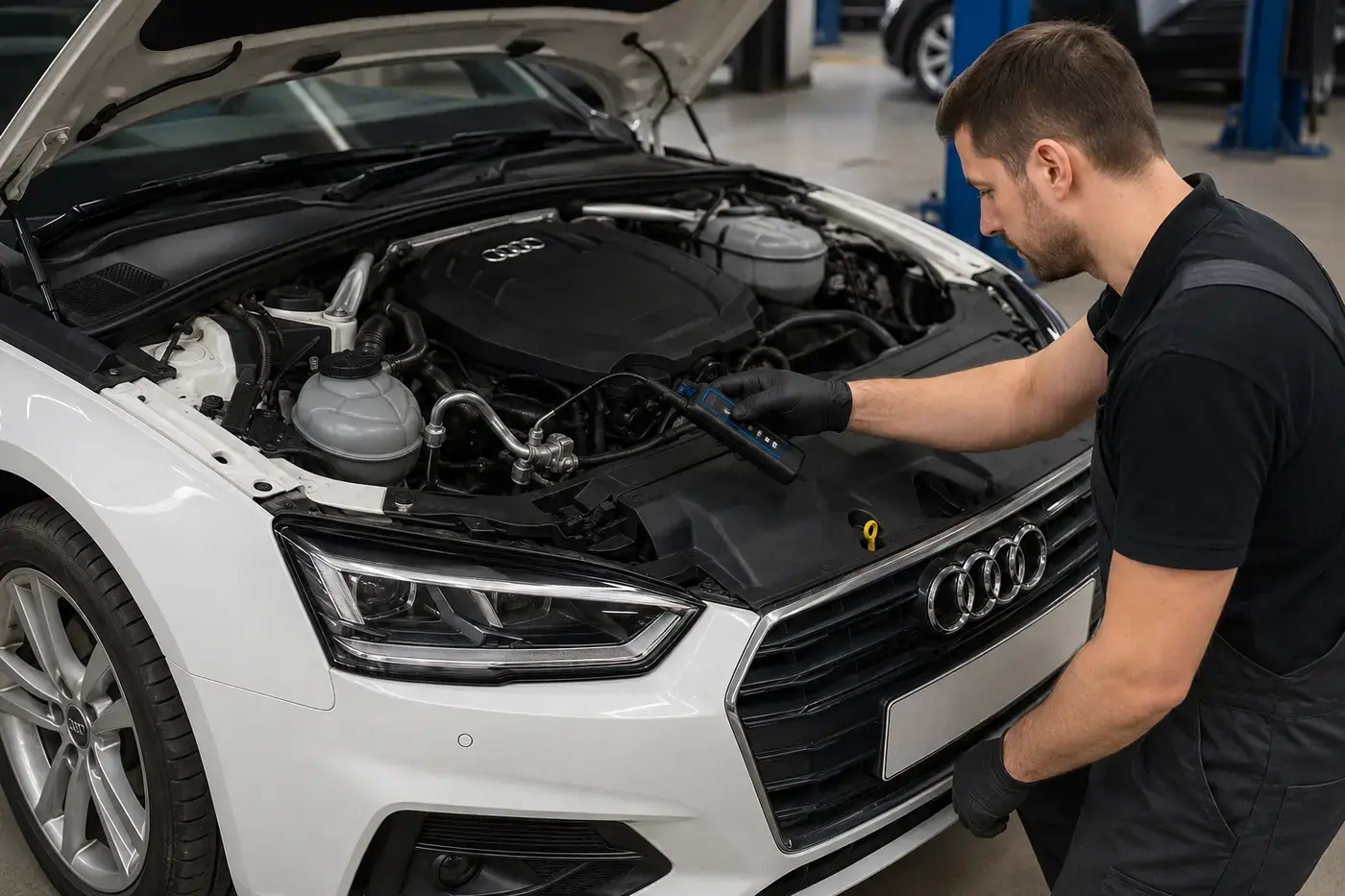 Technician using an electronic refrigerant detector at an accessible Audi air-conditioning connection