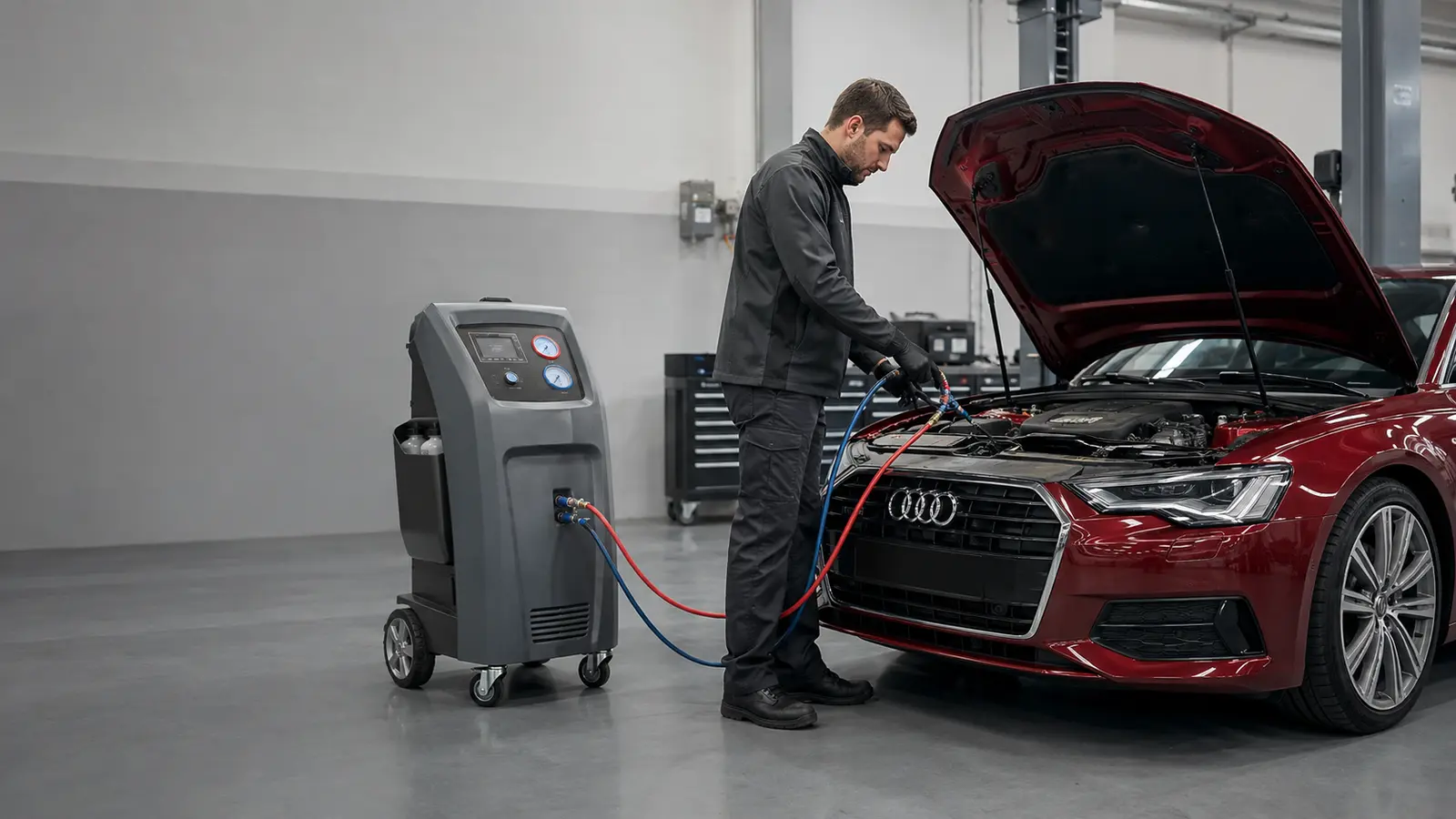 Technician connecting a red Audi to closed air-conditioning recovery and charging equipment