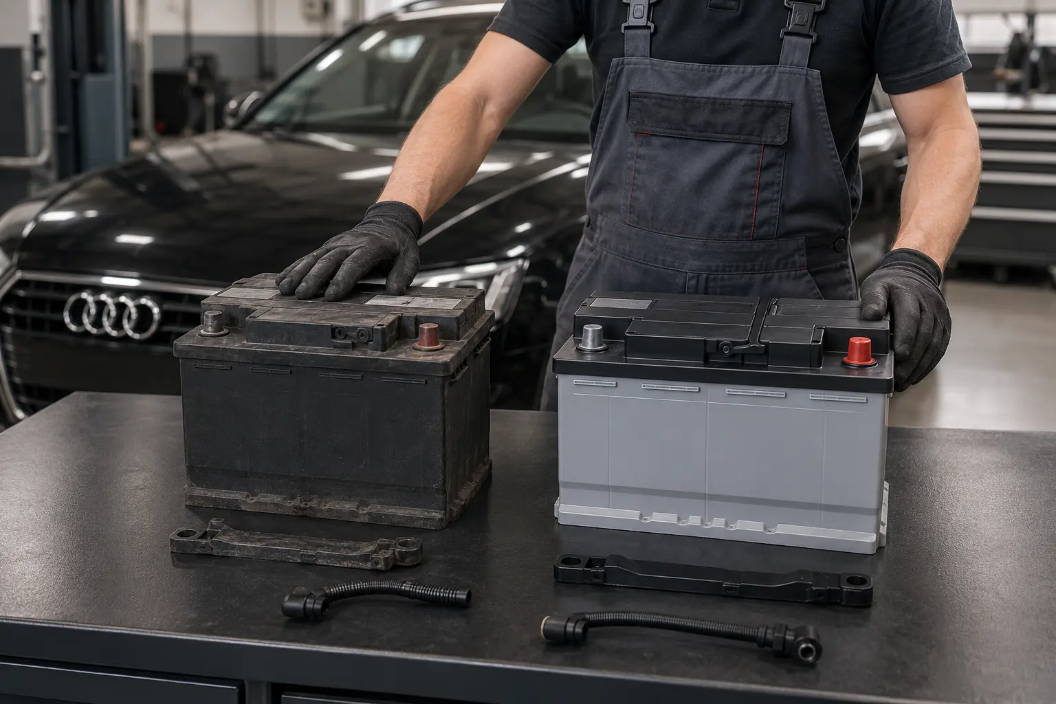 Technician checking Audi battery size, polarity, hold-down and vent connection before installation