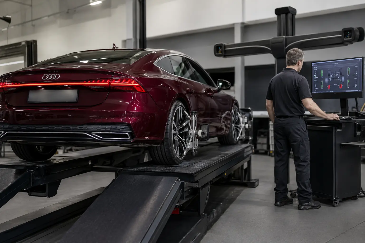Technician reviewing final Audi wheel geometry with targets fitted