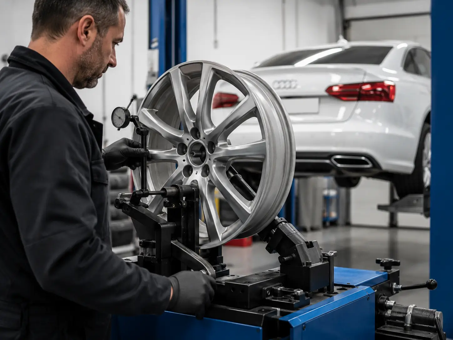 Technician straightening an Audi alloy wheel after runout measurement