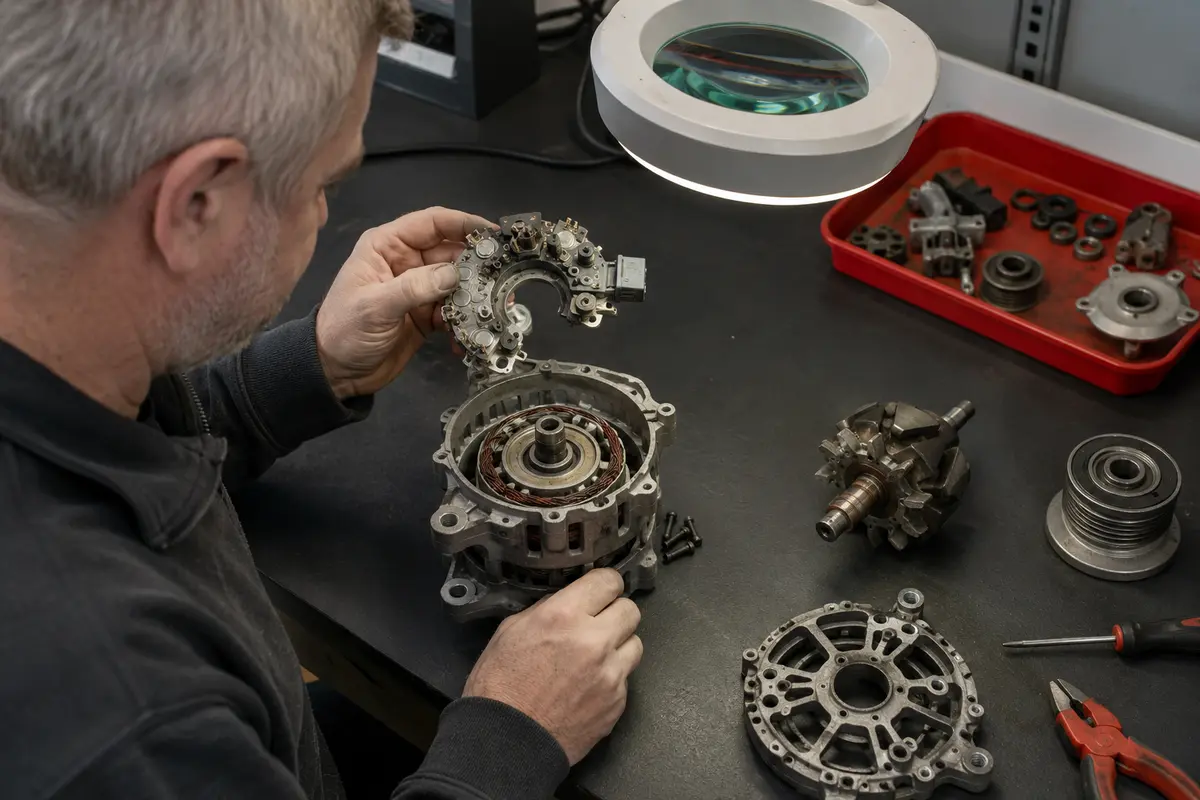 Opened conventional alternator inspected for regulator, rectifier and bearing faults