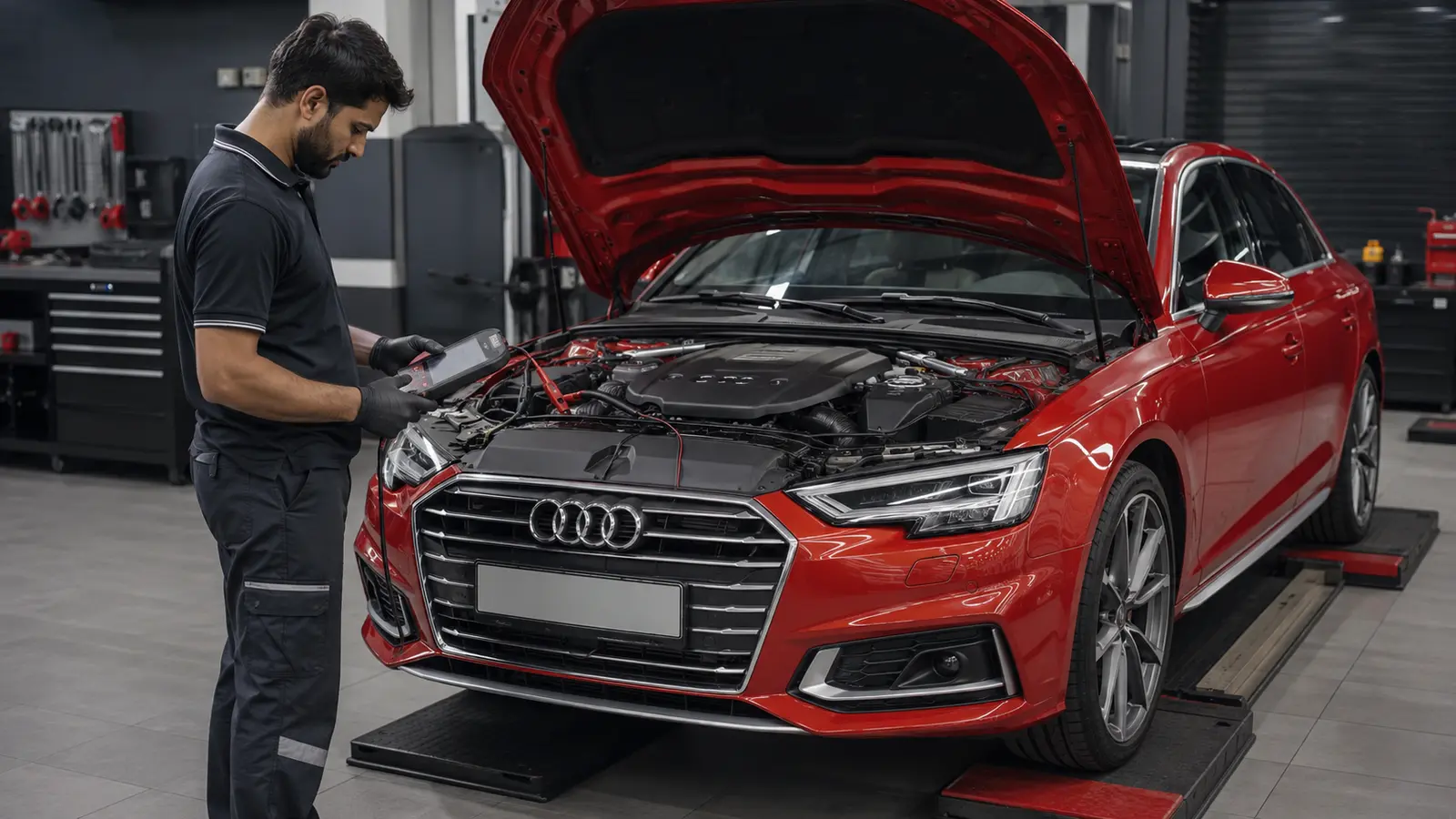 Technician testing an Audi charging system before an alternator estimate