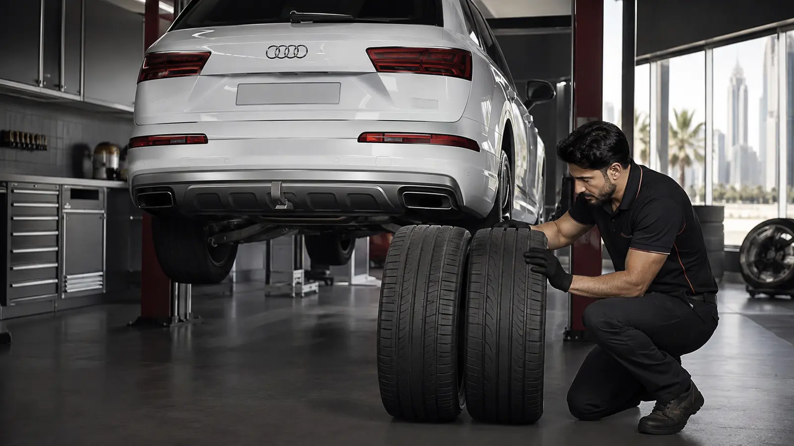 Technician comparing tyre condition across an Audi axle