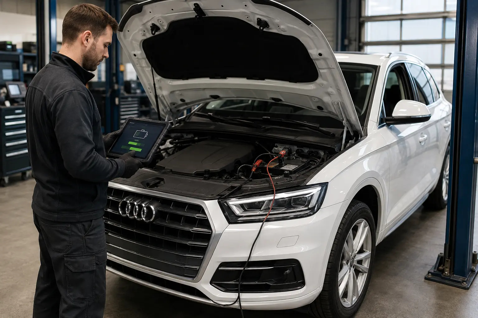Technician performing battery registration and energy-management adaptation on a white Audi Q5