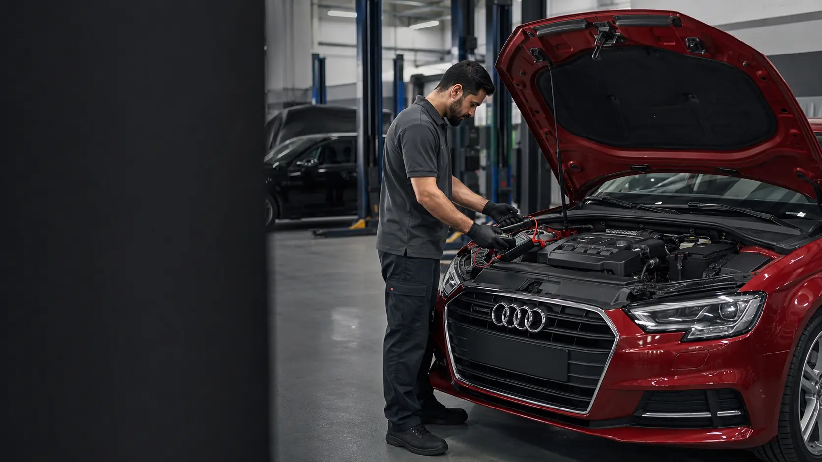 Technician load-testing the 12-volt battery of a red Audi A3 in a Dubai workshop