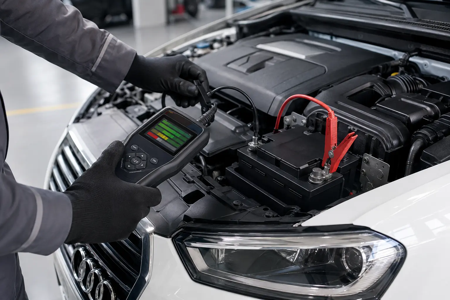 Battery tester measuring state of health and starting capacity on an Audi 12-volt battery