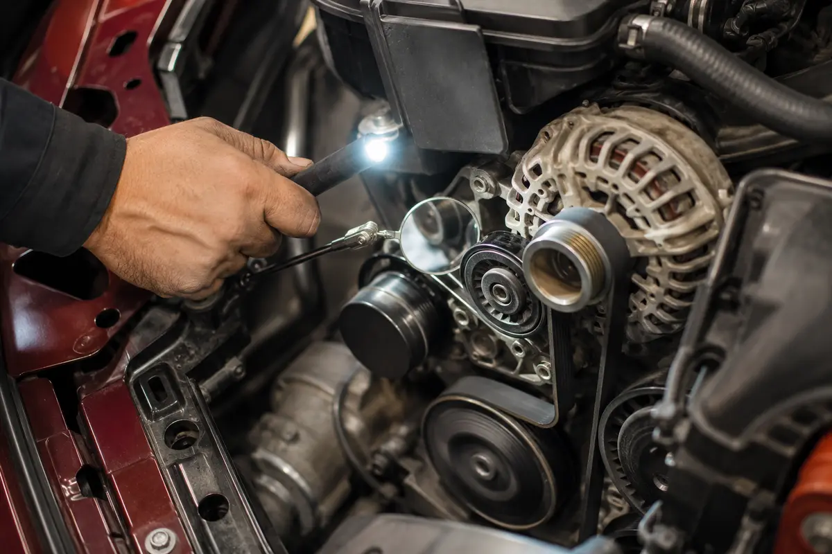 Auxiliary belt, tensioner and alternator pulley inspected on an Audi