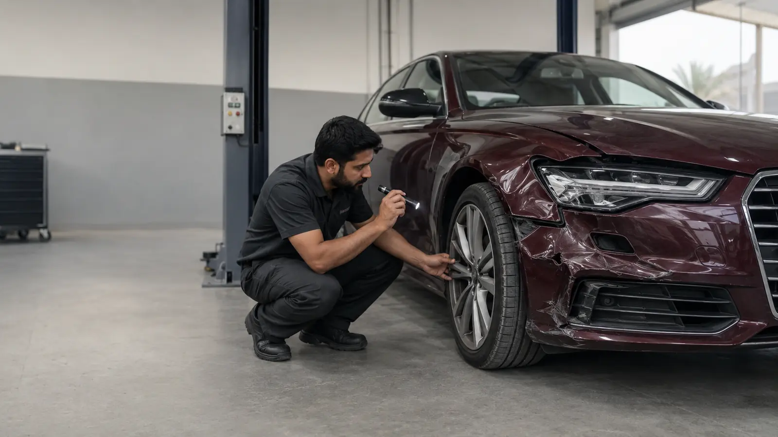 Technician assessing bumper, headlamp and fender damage on a red Audi
