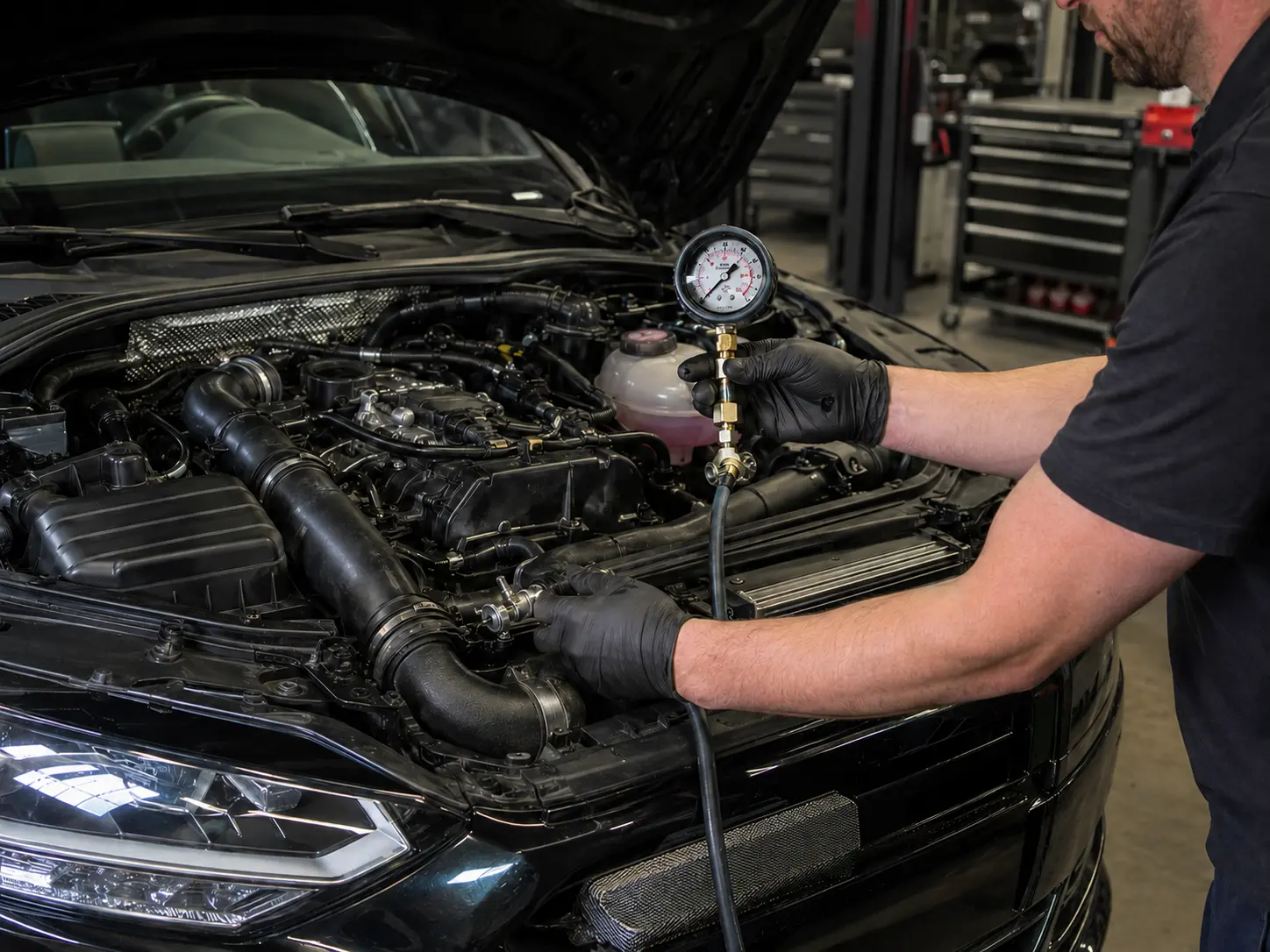 Technician pressure-testing an Audi charge-air system to check for boost leaks