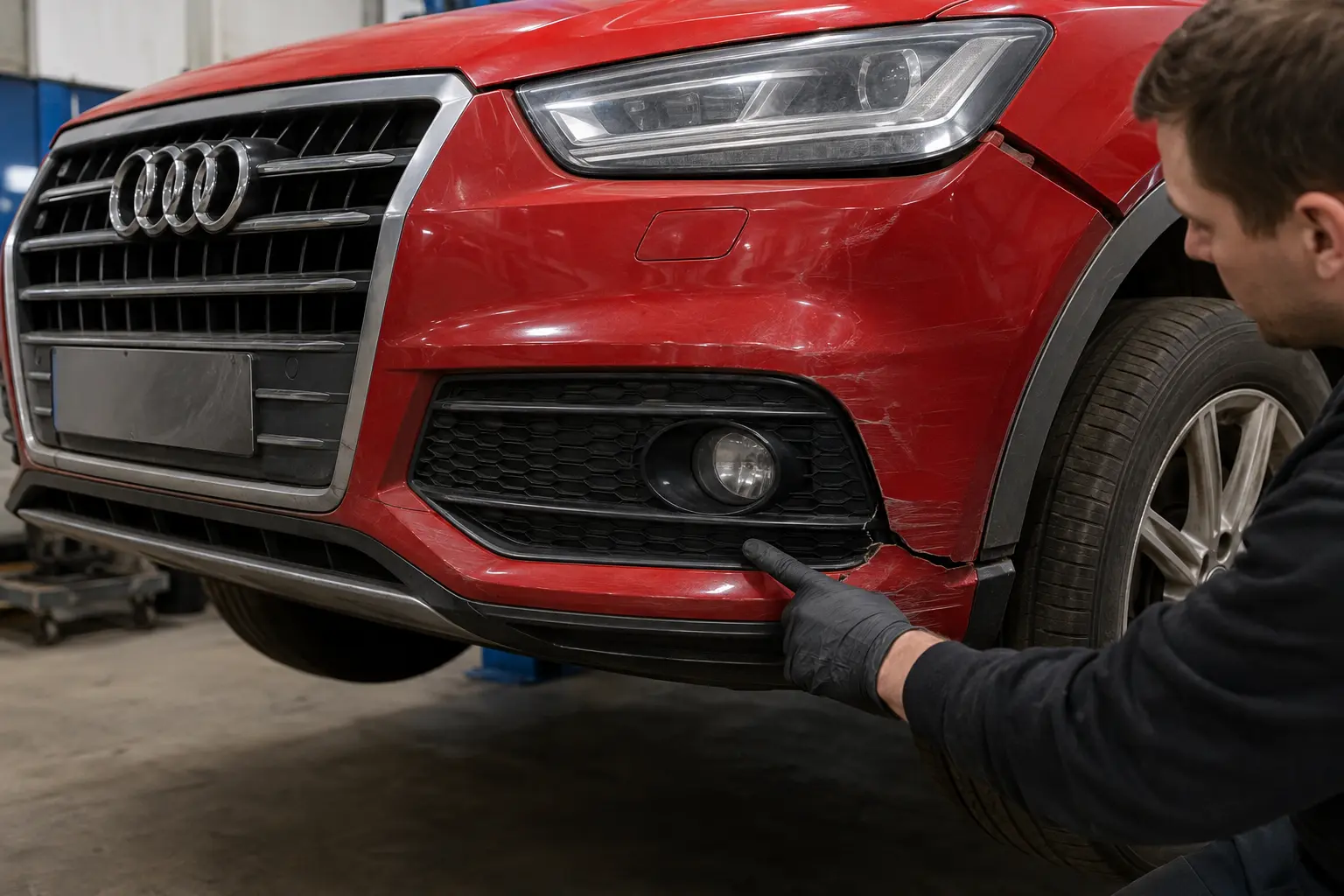 Technician inspecting scuffs cracks and alignment on an Audi bumper