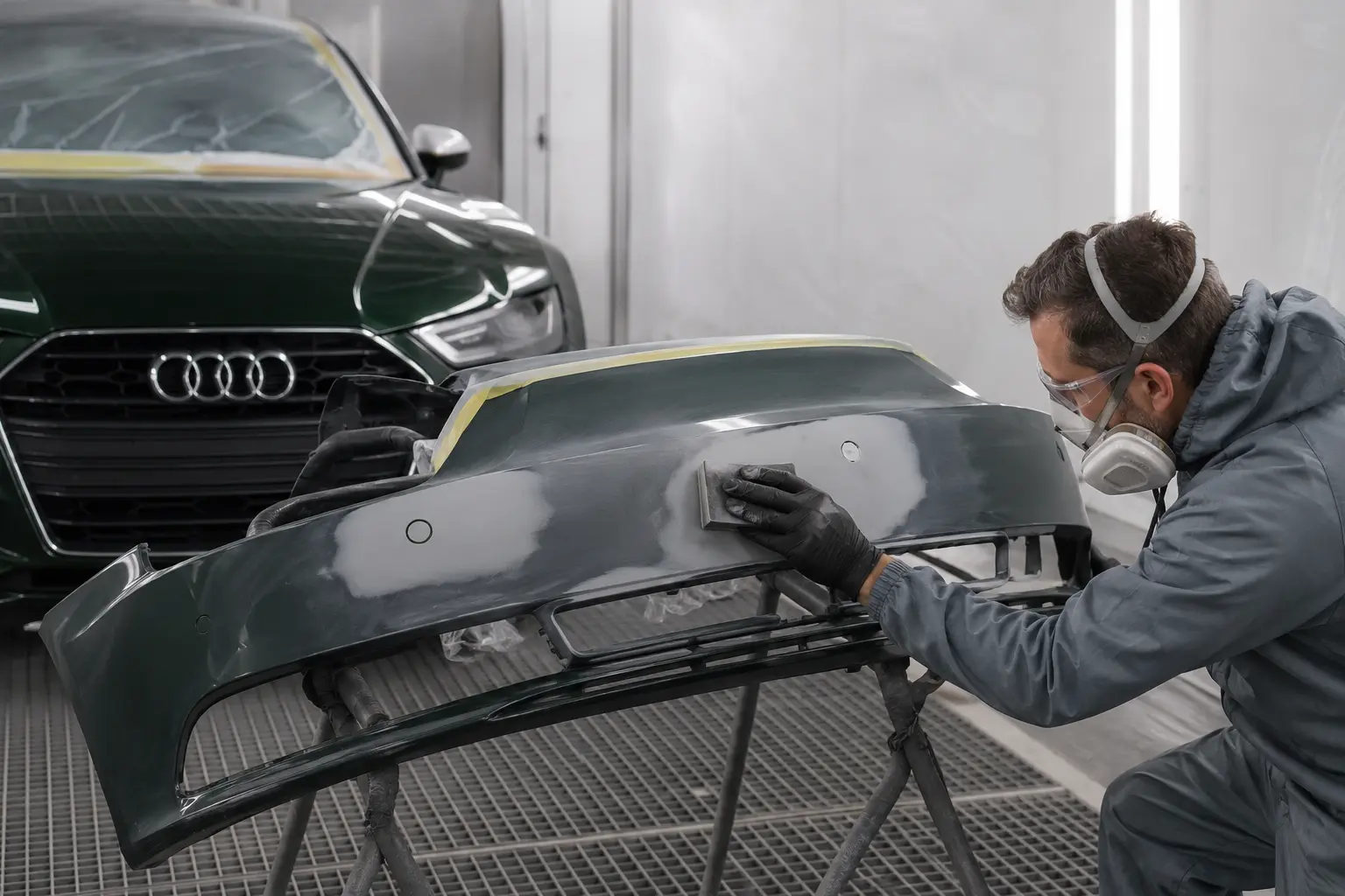 Audi bumper paint preparation in a controlled booth