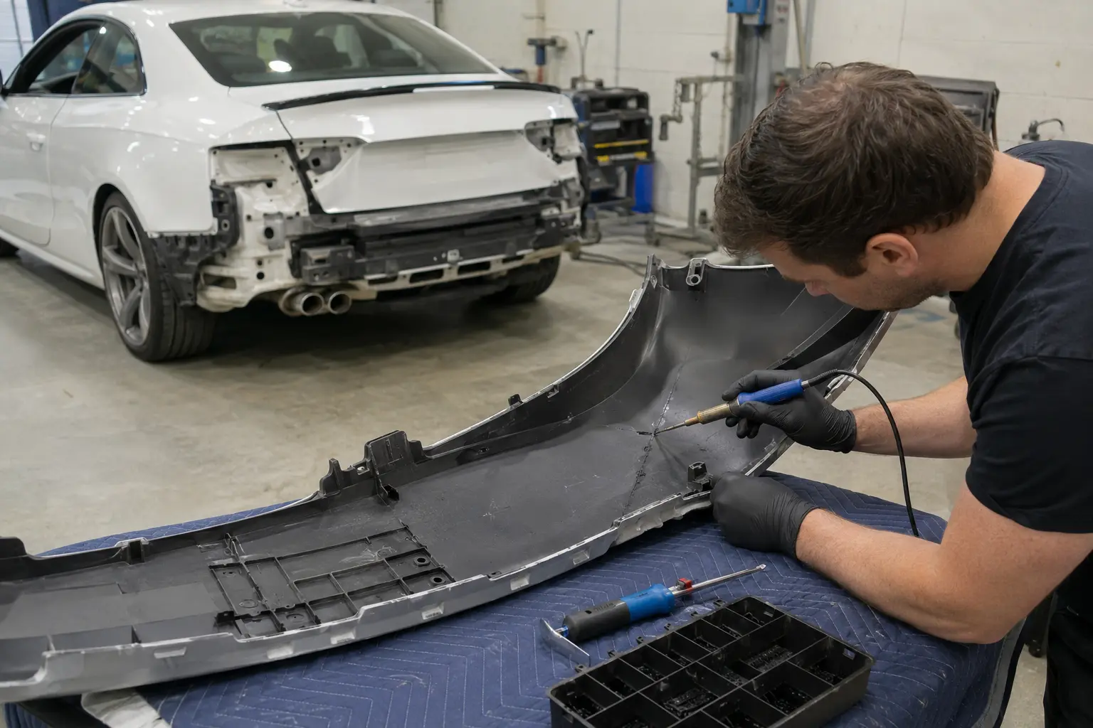 Audi bumper cover undergoing plastic crack repair