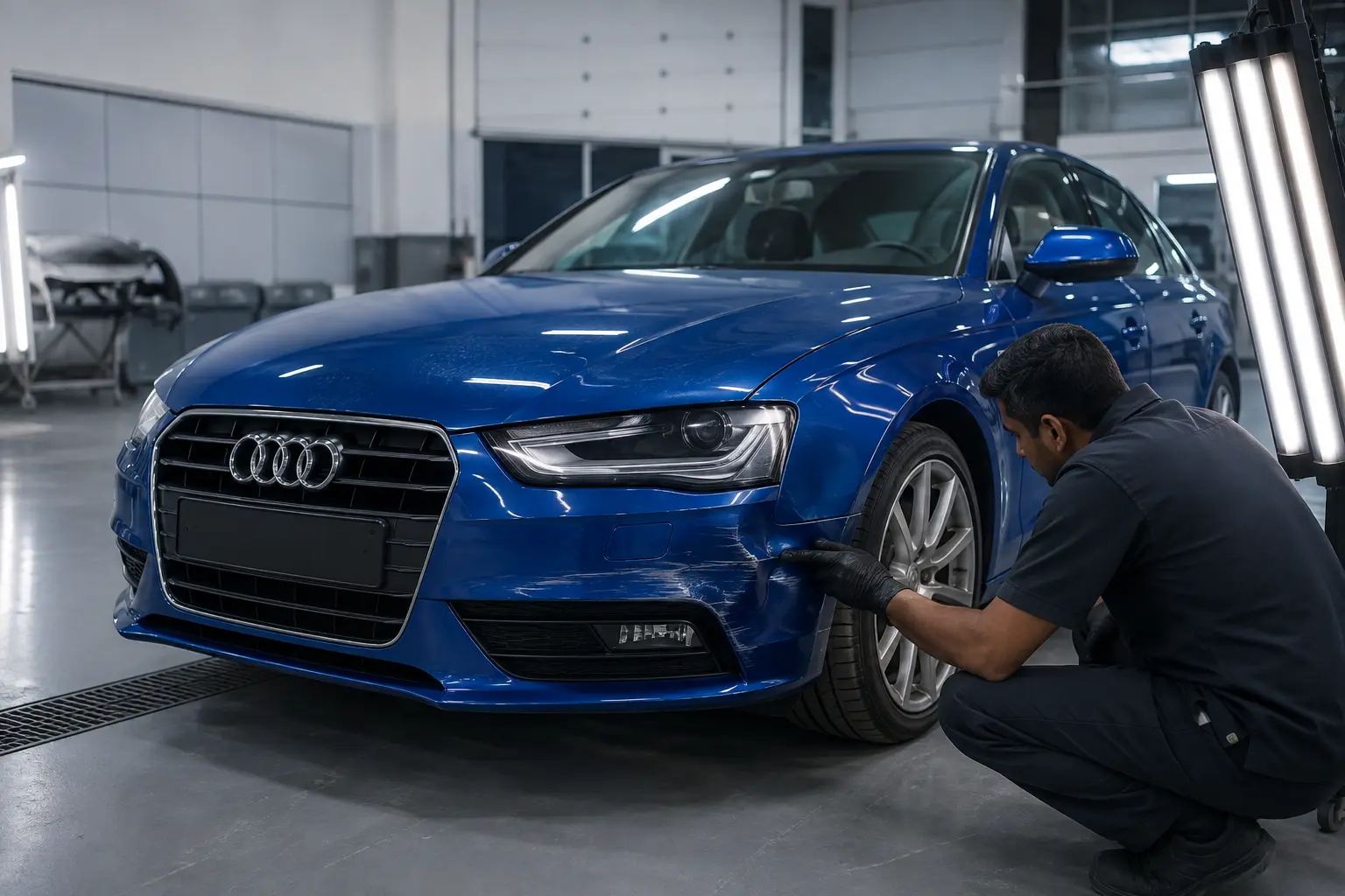 Audi bumper repair assessment in a Dubai workshop