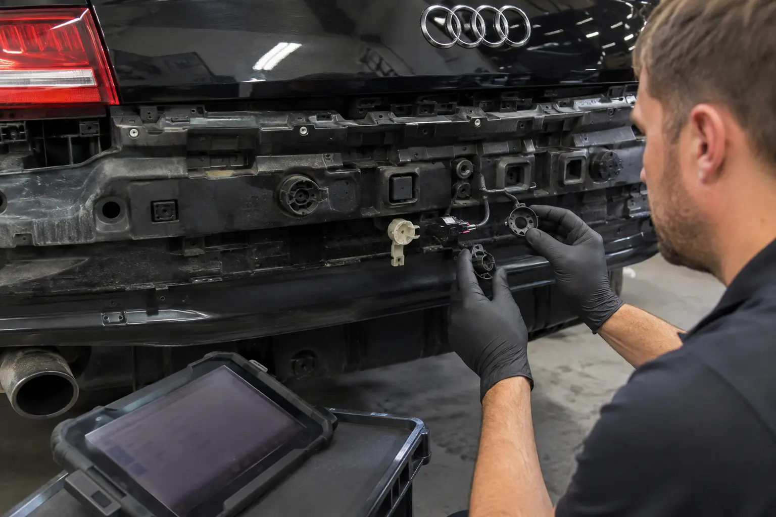 Audi bumper parking sensor holders and wiring inspection