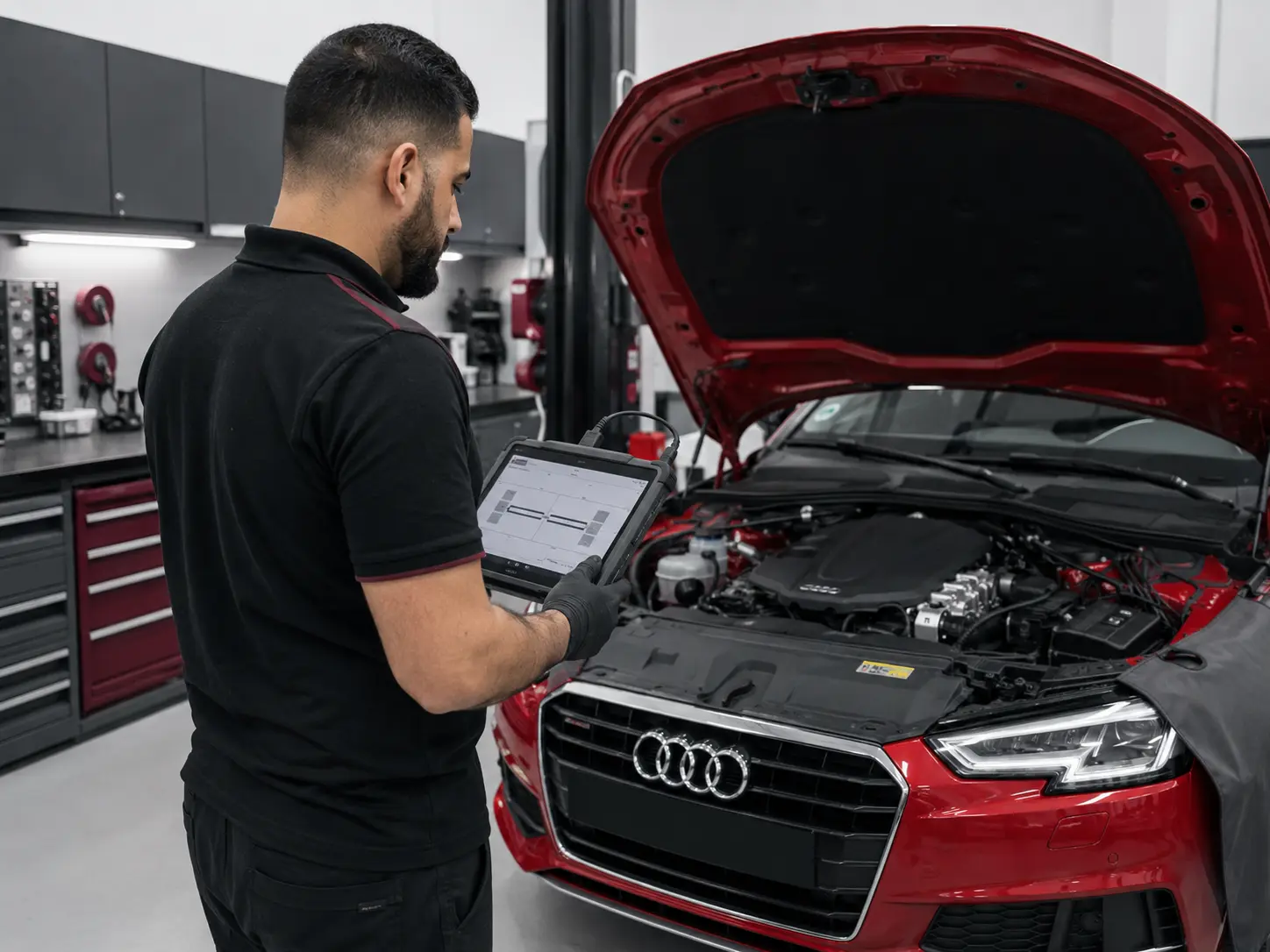 Technician reviewing cam and crank diagnostic data beside a red Audi