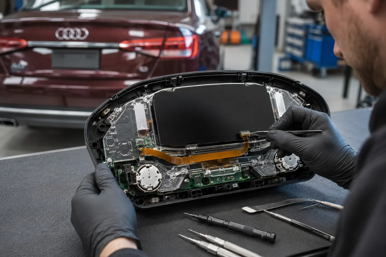 Technician inspecting Audi cluster display and backlight components