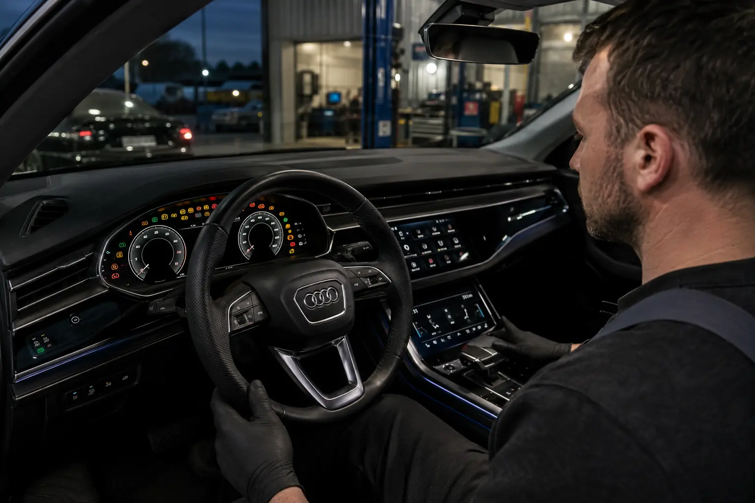Final Audi virtual cockpit display and warning-light check