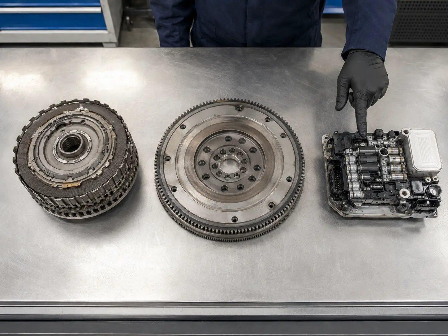 Audi clutch pack flywheel and mechatronic unit arranged separately for diagnosis